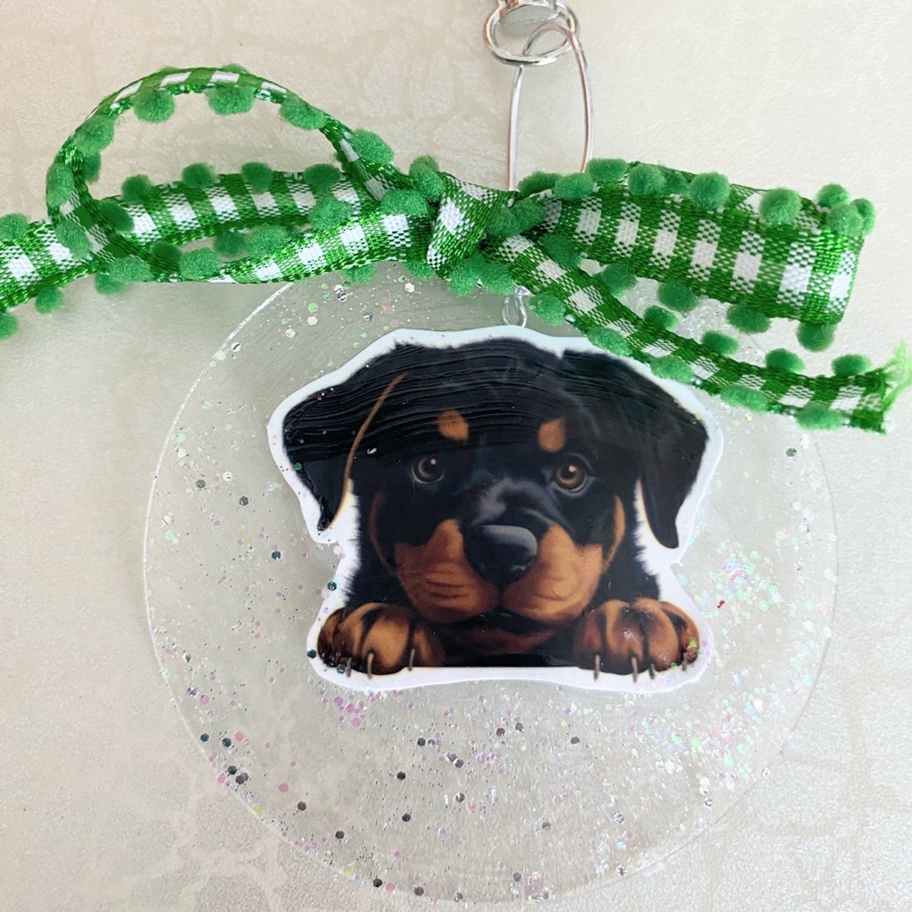 Green Ribbon Rottweiler Dog Ornament or purse charm